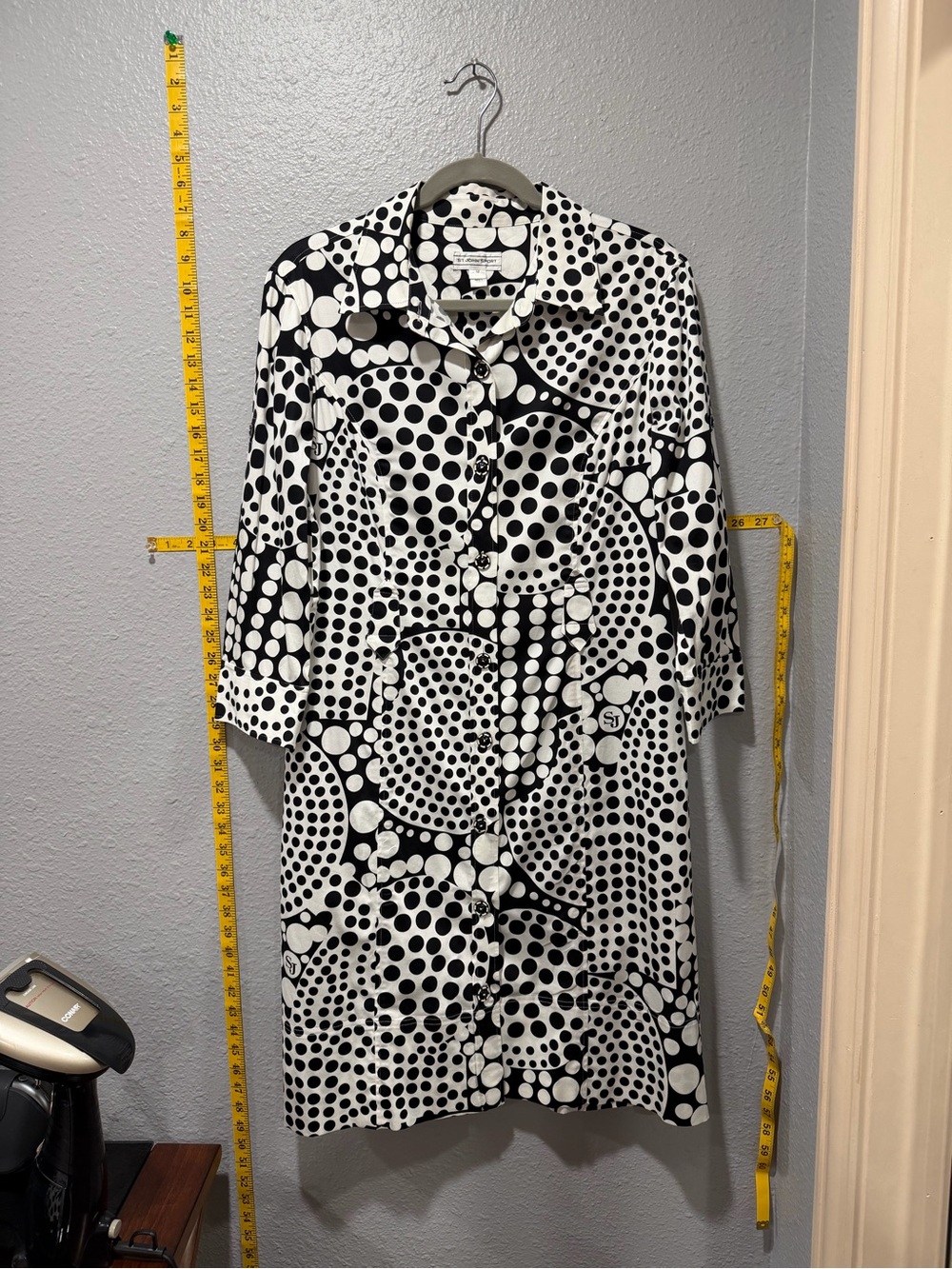 St. John Sport Black White Polka Dot Button Front Tunic Blouse Size M